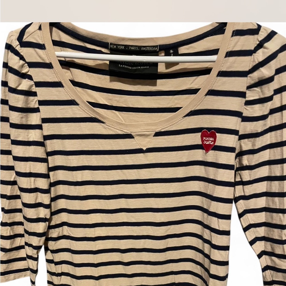 Maison Scotch Tan and Black stripes Fitted 3/4 Sleeve long T-Shirt in size S.